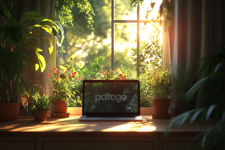 welcome to pdtogo - post header - A bright U.S. home scene with a cozy living room corner, a small patio with plants visible through a window, and a laptop displaying the pdtogo logo, red and green accents, welcoming vibe, photorealistic style, 4K resolution - hello world!