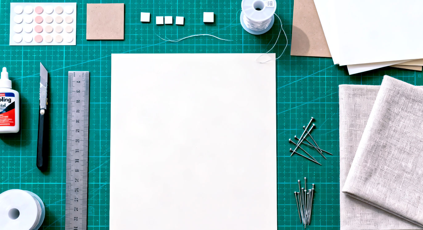 A clean, organized 'knolling' flat lay of essential shadow box crafting supplies arranged neatly on a green self-healing cutting mat. In the center, there's a sheet of archival-quality backing board. Arranged around it are key tools: a precision craft knife, a metal ruler, acid-free glue dots, stainless steel straight pins, small mounting squares, and clear fishing line on a spool. A few different swatches of acid-free paper and neutral-colored linen fabric are placed to the side, showcasing background options. The entire scene is shot from directly above in bright, even light, conveying a sense of precision, care, and creative potential.