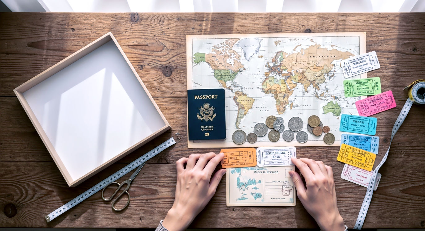 A top-down, 'flat lay' photograph of a person's hands thoughtfully arranging items for a shadow box project on a rustic wooden table. The empty shadow box sits to one side, waiting to be filled. Spread across the table is a curated collection of memorabilia following a travel theme: a passport, faded world map, vintage postcards, foreign coins, and colorful ticket stubs. A pair of small scissors and a measuring tape are also visible, hinting at the careful planning process. The scene is bathed in bright, natural light from a window, creating a warm, creative, and inspiring atmosphere.