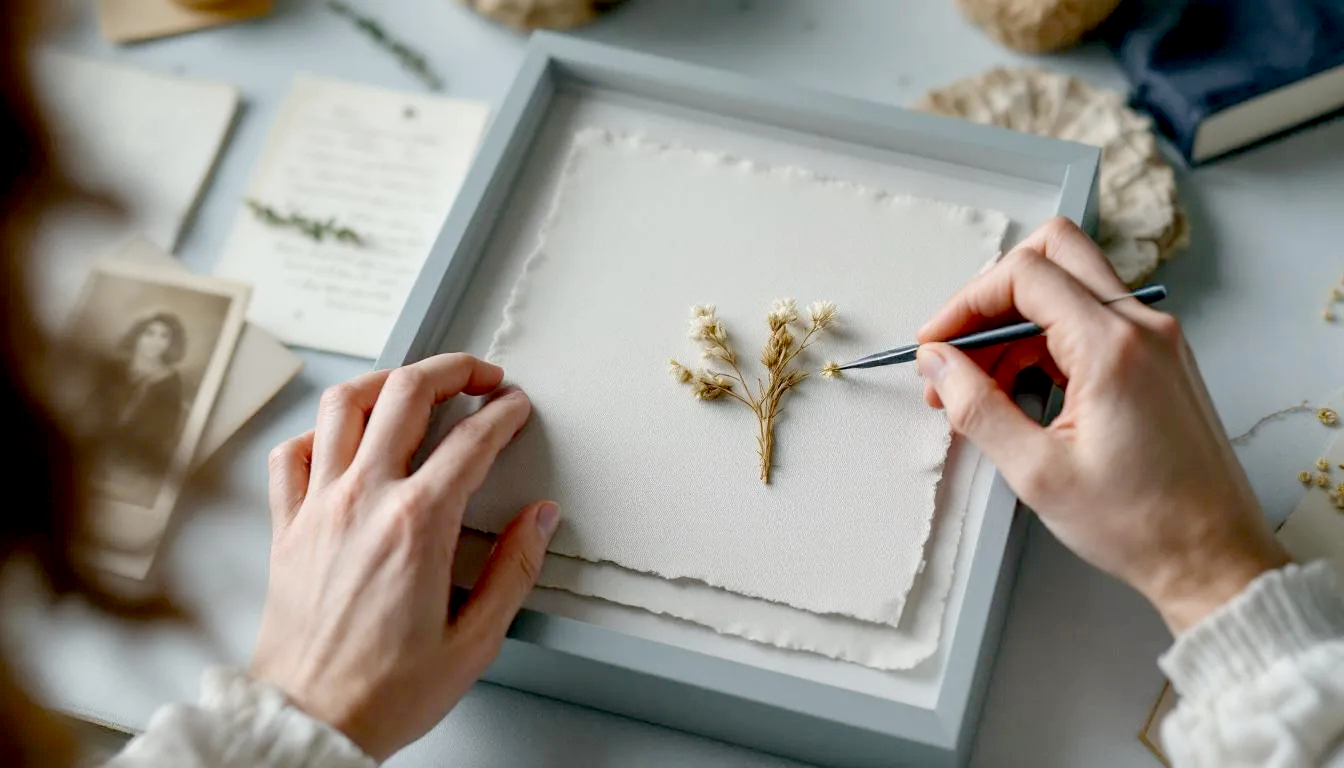 A close-up, over-the-shoulder shot of a person's hands carefully assembling a shadow box on a clean workbench. The person is using tweezers to precisely place a small, delicate dried flower onto a linen backing board. In the background, other items like a sepia photograph and a handwritten letter are already pinned in place, demonstrating the layering technique. The shadow box frame is open, showing the depth, and the overall atmosphere is one of patient, detailed craftsmanship and care.