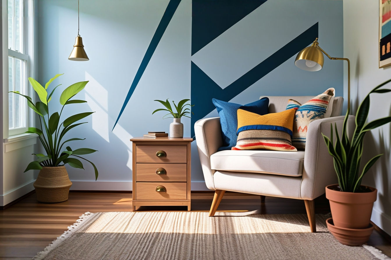 a professional photography style image of a bright, airy living room corner featuring several DIY elements: a statement wall with geometric paint pattern in soft blue, a refinished wooden side table with modern brass hardware, handmade textile throw pillows in complementary colors, and a custom pendant light fixture. Includes natural elements like potted plants and shows a warm, lived-in space that feels both stylish and attainable. Uses soft natural lighting that highlights the DIY elements while maintaining a professional, magazine-worthy composition.