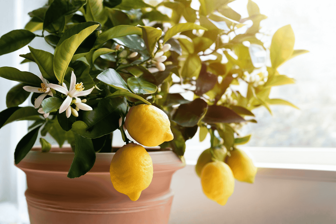 Professional close-up photography of a healthy, fruit-bearing Meyer lemon tree in a decorative terracotta pot placed near a bright window. The tree should have glossy green leaves, several bright yellow ripe lemons, and a few white blossoms, demonstrating all stages of growth simultaneously. Soft natural lighting streaming through the window creates a warm, inviting atmosphere in a modern home setting