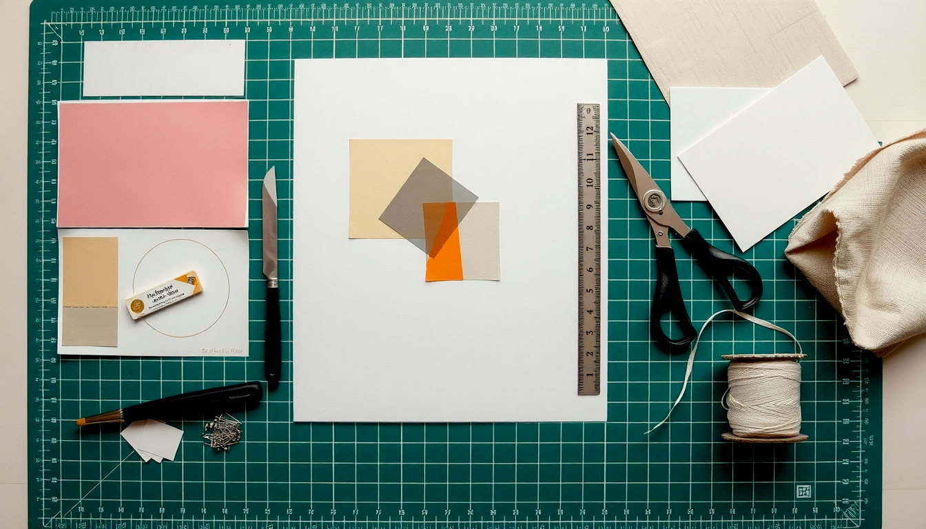 A clean, organized 'knolling' flat lay of essential shadow box crafting supplies arranged neatly on a green self-healing cutting mat. In the center, there's a sheet of archival-quality backing board. Arranged around it are key tools: a precision craft knife, a metal ruler, acid-free glue dots, stainless steel straight pins, small mounting squares, and clear fishing line on a spool. A few different swatches of acid-free paper and neutral-colored linen fabric are placed to the side, showcasing background options. The entire scene is shot from directly above in bright, even light, conveying a sense of precision, care, and creative potential.
