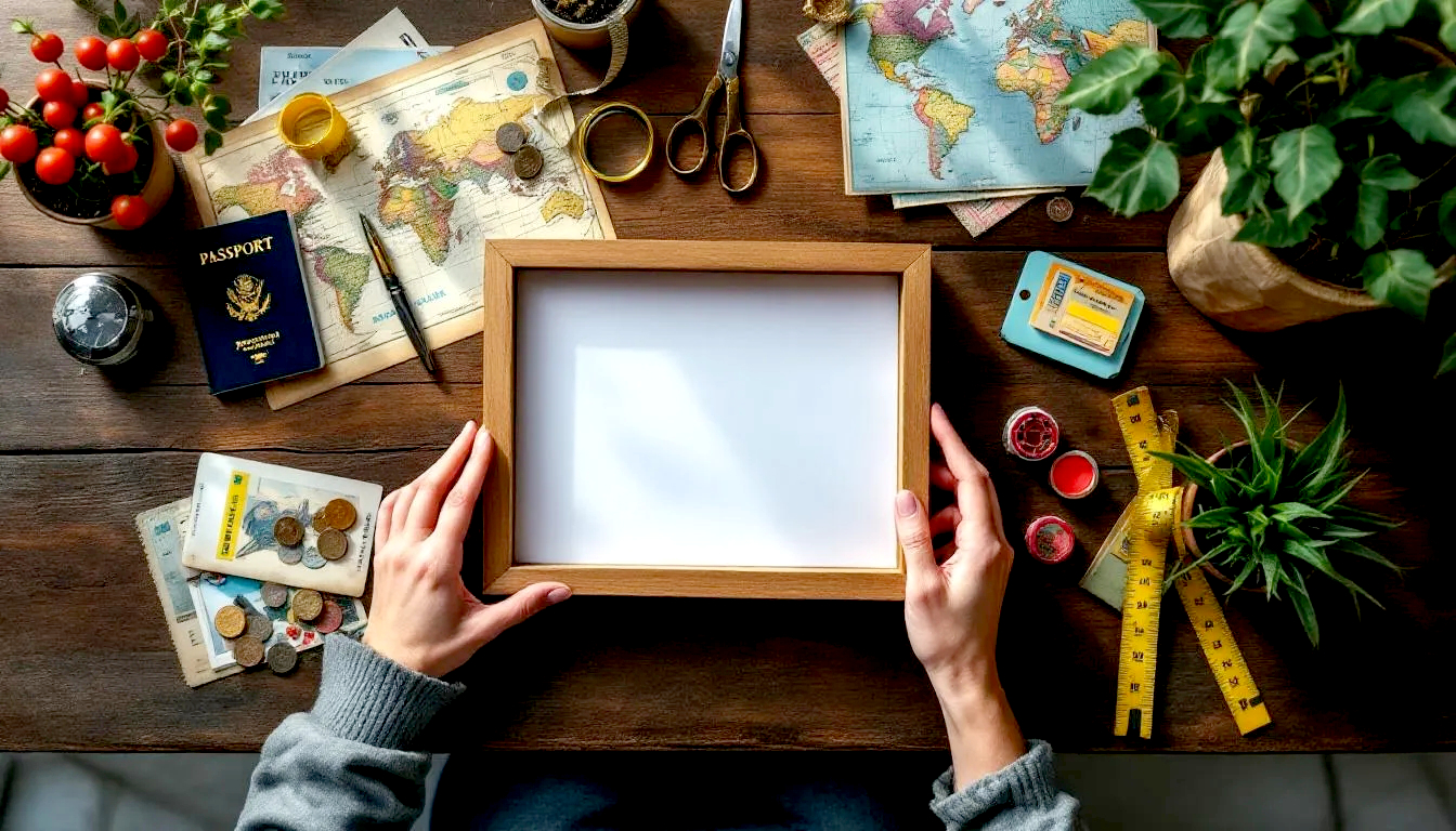 A top-down, 'flat lay' photograph of a person's hands thoughtfully arranging items for a shadow box project on a rustic wooden table. The empty shadow box sits to one side, waiting to be filled. Spread across the table is a curated collection of memorabilia following a travel theme: a passport, faded world map, vintage postcards, foreign coins, and colorful ticket stubs. A pair of small scissors and a measuring tape are also visible, hinting at the careful planning process. The scene is bathed in bright, natural light from a window, creating a warm, creative, and inspiring atmosphere.