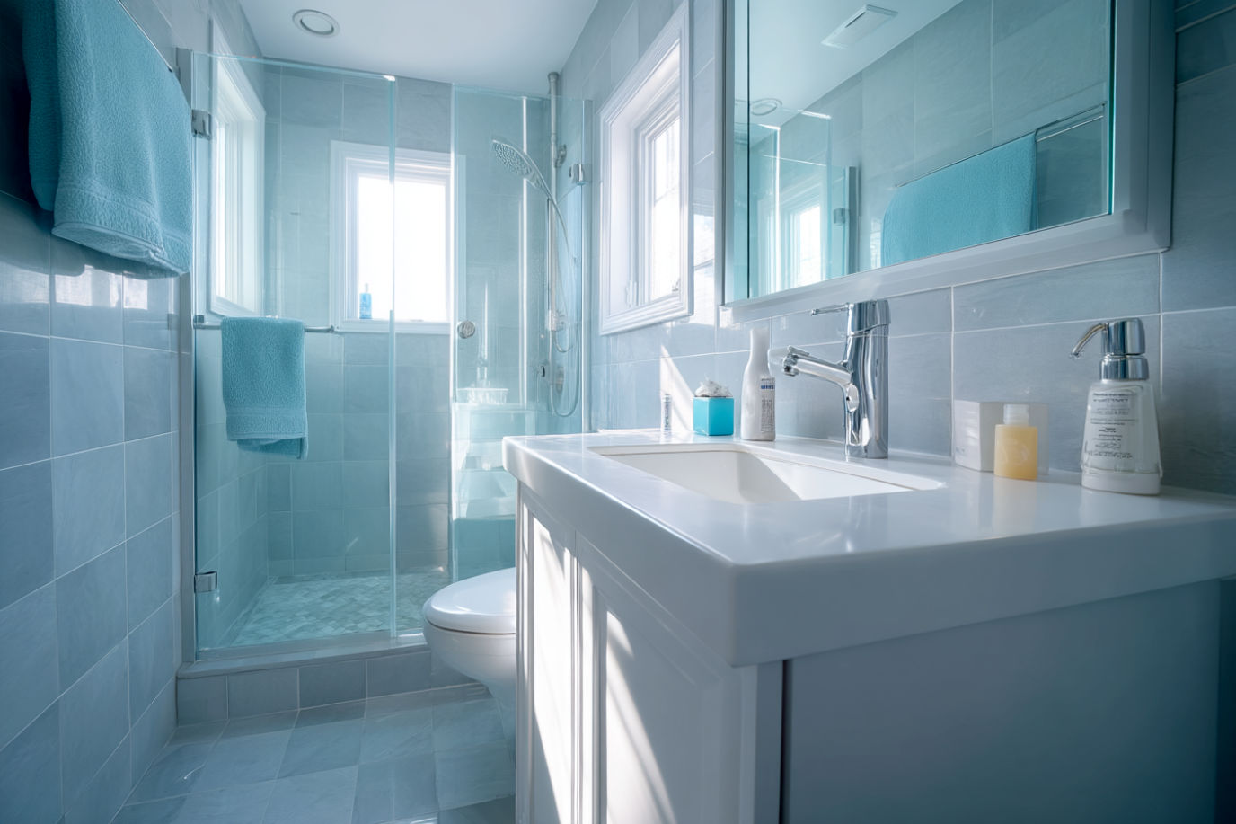 Professional interior photography of a small modern bathroom with smart space-saving design, featuring a wall-mounted sink, strategic mirrors creating visual expansion, glass shower doors, and vertical storage solutions. Bright, airy atmosphere with cool blue-gray color scheme. Natural light streaming in, ultra-high definition, photorealistic, architectural digest style, 85mm lens, shallow depth of field.