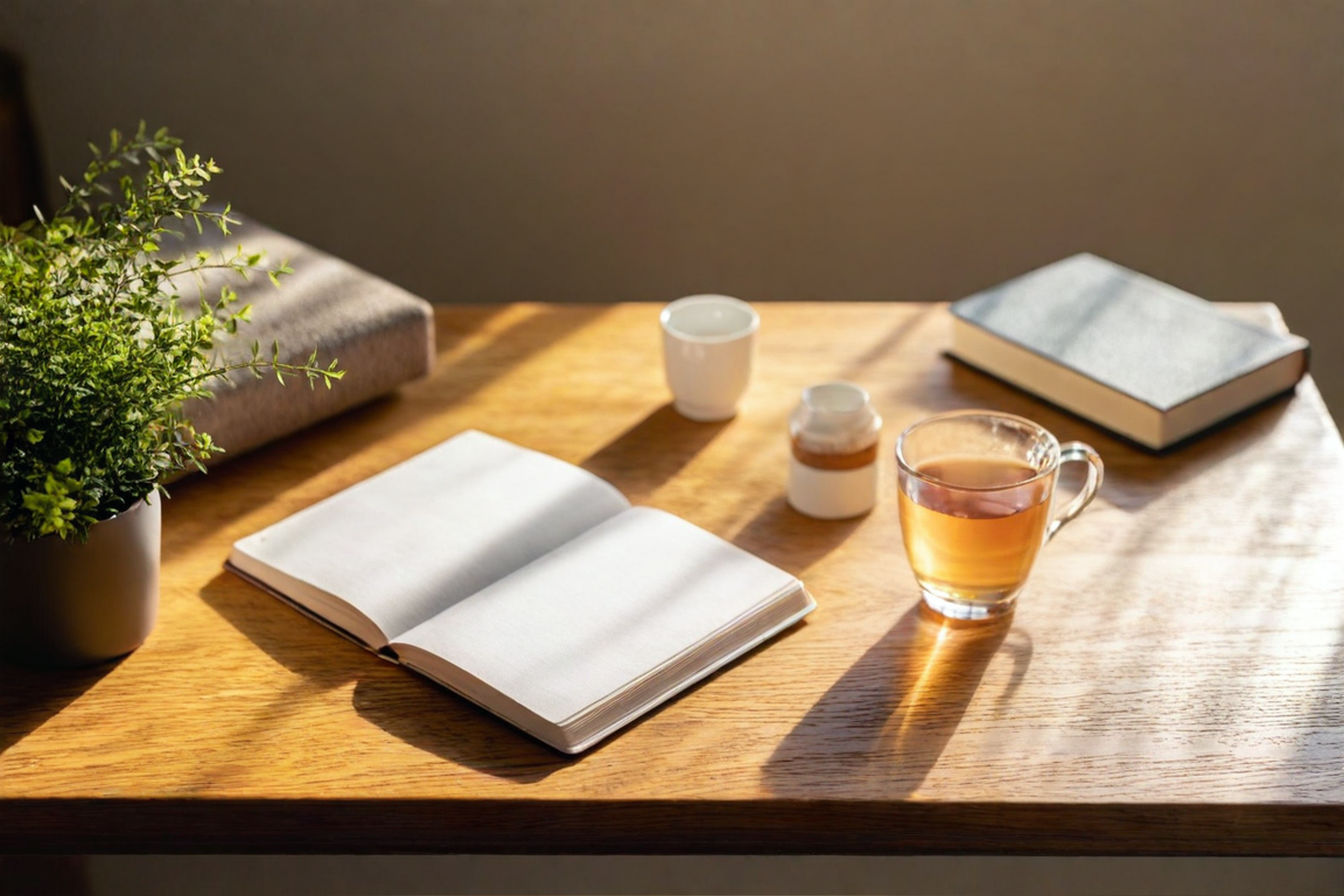 A professional photograph of a person's morning routine setup on a wooden desk with morning light streaming through a window. A steaming cup of tea, an open journal with a fountain pen, a yoga mat partially visible, a meditation cushion, and a stack of three books with a plant. The composition conveys peaceful productivity and intentional living with warm golden morning light creating a sense of possibility.