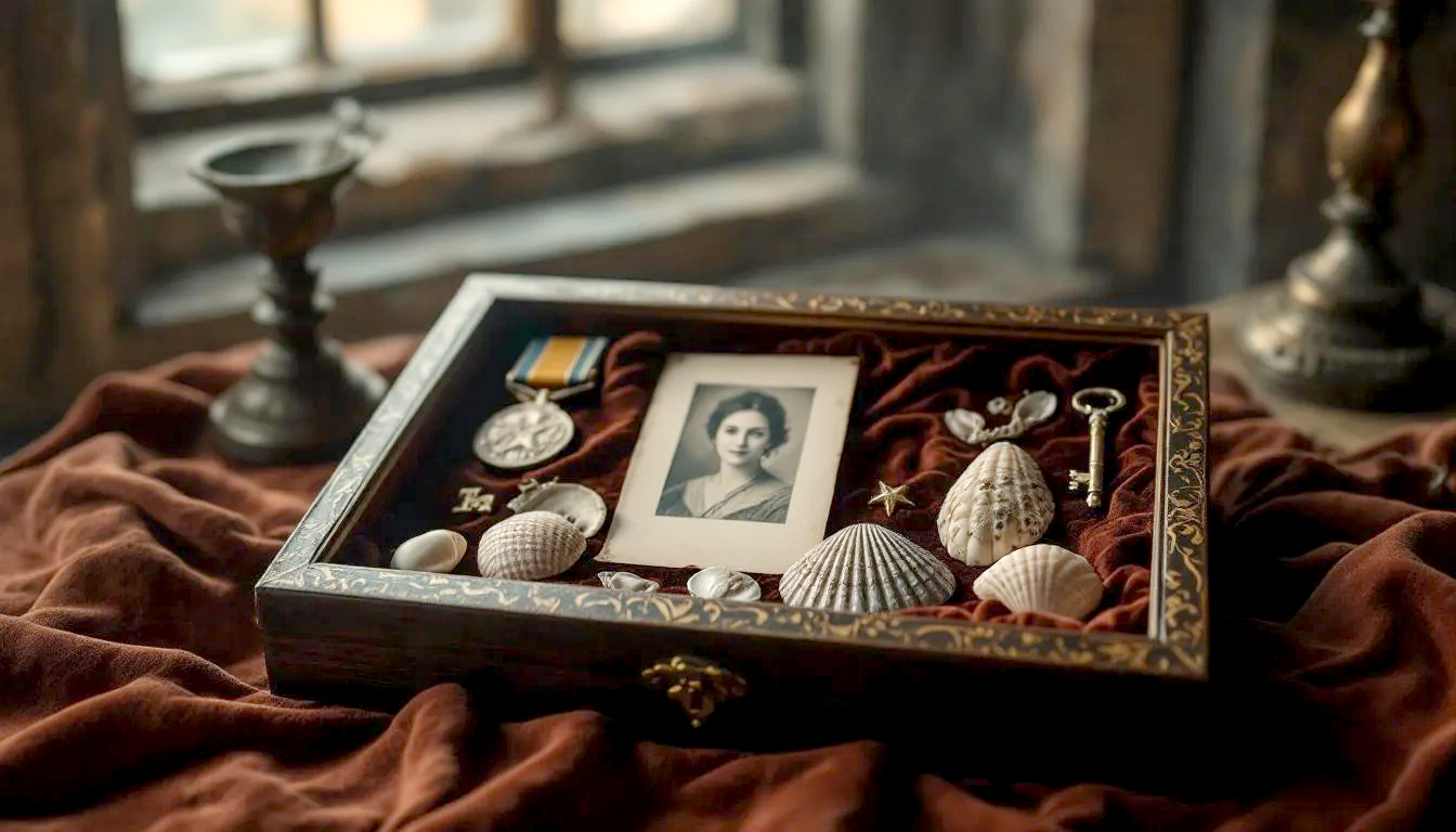 A beautifully crafted, dark wood shadow box is filled with artfully arranged personal treasures on a rich, velvet background. Inside, a vintage silver military medal, a faded sepia photograph, a collection of seashells, and an old brass key are displayed. The scene is lit with warm, soft light from the side, highlighting the three-dimensional depth and casting gentle shadows, creating a nostalgic and sentimental mood.