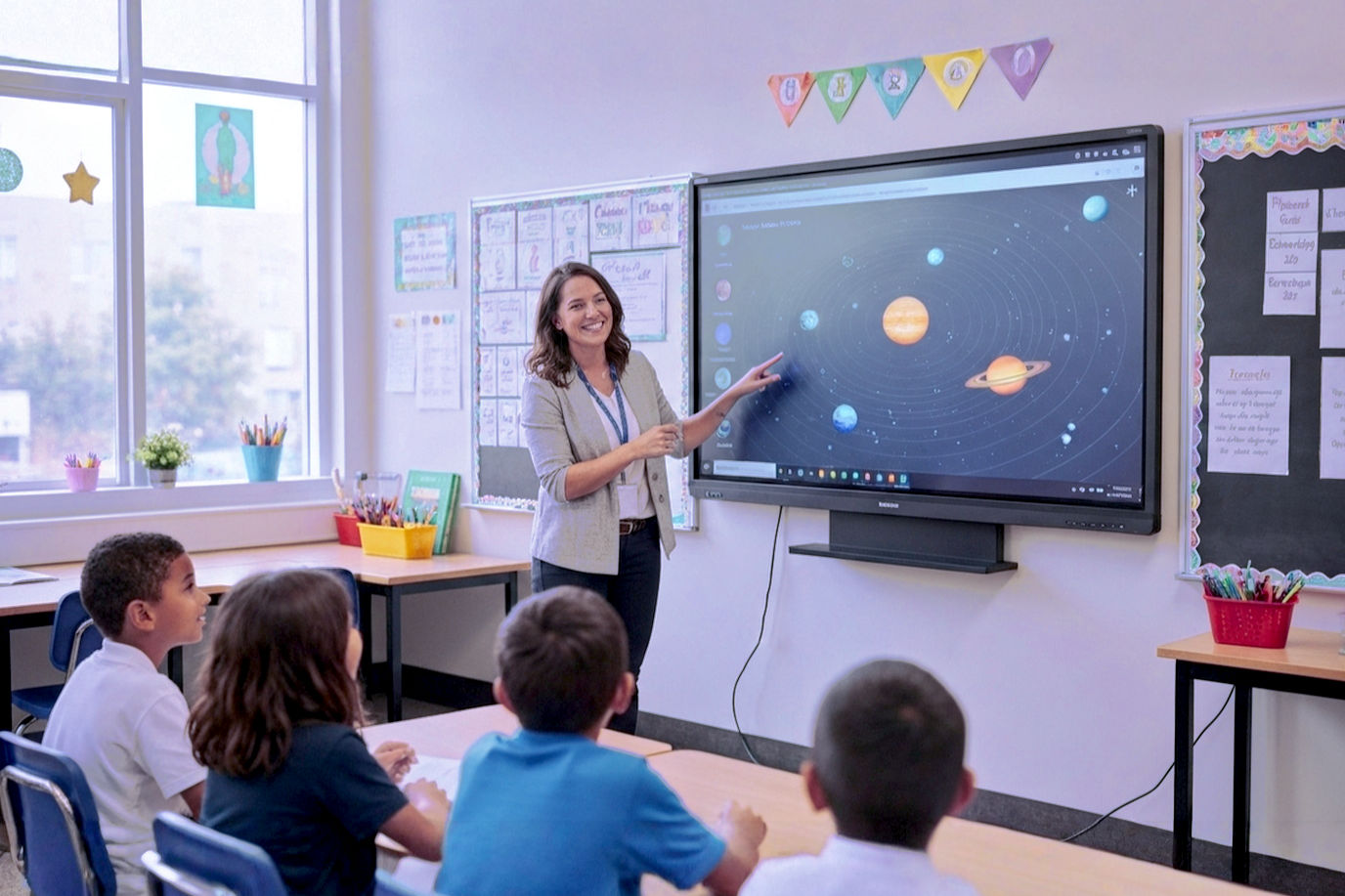 A professional, vibrant photograph of a modern elementary school classroom. A female teacher is at the front, smiling and interacting with a large, brightly lit SMART Board flat-panel display. The screen shows a colorful, interactive lesson about the solar system. A few young, engaged students are visible in the foreground, looking up at the board with curiosity and excitement. The classroom is clean, well-lit with natural light, and filled with educational materials. The mood is positive, inspiring, and focused on collaborative learning.