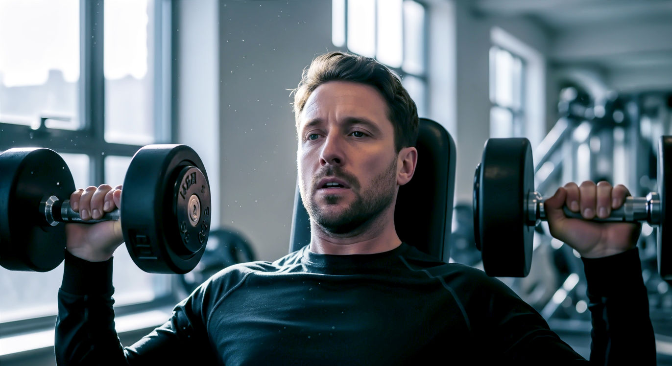 A hyper-realistic photograph capturing an authentic, unposed moment in a bright, modern UK gym. A relatable man in his early 30s, with a determined but slightly tired expression, is just finishing a set of dumbbell presses. He’s wearing stylish but practical workout gear. Soft, natural light streams in from large windows, illuminating dust motes in the air. The mood is one of quiet, personal victory and gritty determination, not polished perfection. The focus is sharp on his face, with the gym equipment softly blurred in the background. Style: editorial, like a feature in Men's Health UK.