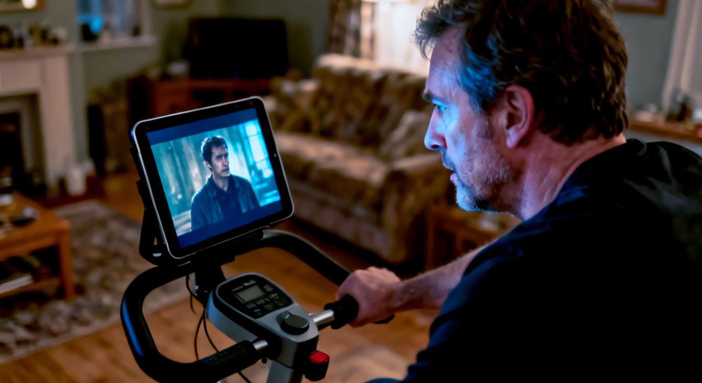 A hyper-realistic photograph focusing on a man in his 40s on an exercise bike in a home setting. He is completely absorbed in a gripping drama on a tablet mounted to the handlebars, his face illuminated by the screen's glow. He's pedalling steadily but almost unconsciously. The focus is sharp on his engrossed expression and the tablet, with the exercise equipment and a typical British living room softly out of focus behind him. Mood: engaging and relatable, highlighting the 'escape' rather than the effort. Style: cinematic and candid.