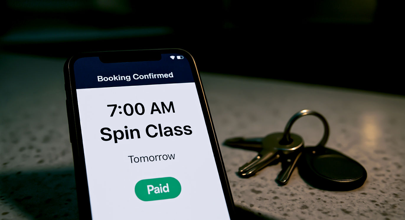 A close-up, hyper-realistic photograph of a smartphone screen displaying a booking confirmation for a "7:00 AM Spin Class" for the following day. The app shows the class is "Paid." Next to the phone on a kitchen counter sits a set of keys with a gym fob attached. The background is slightly blurred, showing a kitchen that is dark, suggesting it is the night before. Mood: decisive and organised, conveying a sense of a locked-in, non-negotiable plan. Style: clean, modern, and sharp.